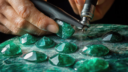A skilled artisan carefully crafts stunning green gemstones with precision tools in a workshop, showcasing the intricate process of gemstone cutting and polishing.の素材
