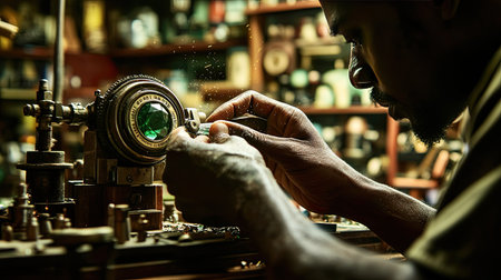 An artisan focuses intently on a mechanical device, showcasing the intricate craftsmanship and skill required in precision work within a vintage workshop environment.の素材