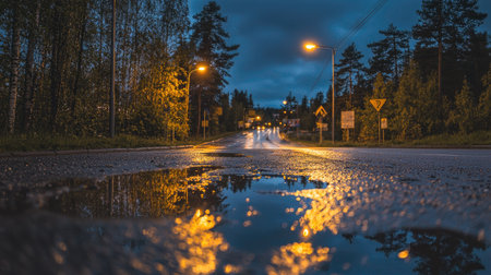 A tranquil evening scene featuring a wet road with soft reflections from street lights and a puddle, surrounded by trees under a cloudy sky.の素材