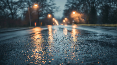A serene scene of a rainy evening street with glowing lights, showcasing reflections on wet pavement. Trees line the road, creating a tranquil urban atmosphere.の素材