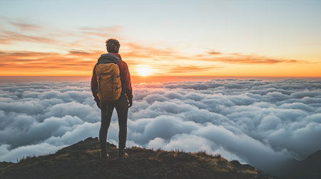 A lone adventurer stands atop a mountain peak, gazing at the stunning sunset over a sea of clouds. This scene captures the essence of tranquility and exploration in nature.の素材