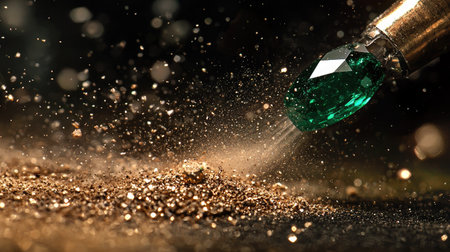 A mesmerizing close-up of a sparkling emerald gemstone showing intricate details, surrounded by fine dust and shimmering particles, embodying elegance and allure.の素材