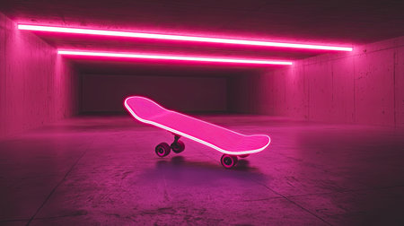 A stylish neon skateboard rests in a sleek underground area, illuminated by pink lights. The minimalist setting highlights its design, evoking a sense of modern youth culture.の素材