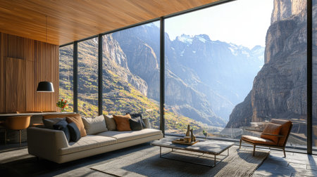 Discover a modern living room featuring expansive windows that offer breathtaking mountain views. The space is designed for comfort and tranquility, showcasing elegant decor and a cozy atmosphere perfect for relaxation.の素材
