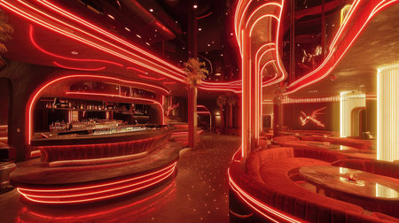 This image showcases a vibrant nightclub interior with striking neon lights, plush seating, and a chic bar area, creating a perfect atmosphere for nightlife adventures.の素材