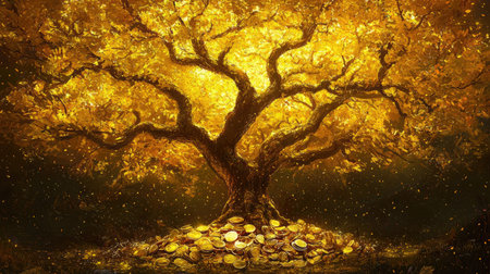 A majestic golden tree stands in a serene environment, surrounded by shimmering autumn leaves and a pile of coins, symbolizing wealth and prosperity.の素材