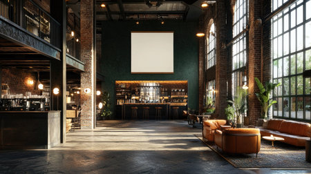 Spacious and contemporary cafe interior featuring large windows, warm lighting, and cozy seating arrangements, perfect for relaxation and social gatherings.の素材