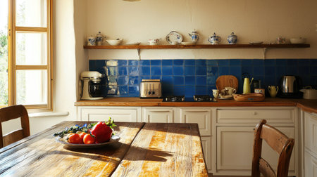 Bright and inviting kitchen scene featuring a rustic wooden table adorned with fresh fruit, colorful blue tile backsplash, and charming appliances for a cozy atmosphere.の素材