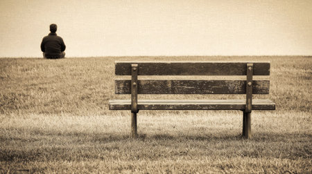 A solitary figure sits on a bench in a vast grassy area, gazing out towards a calm horizon. This image captures themes of solitude, reflection, and peace.の素材