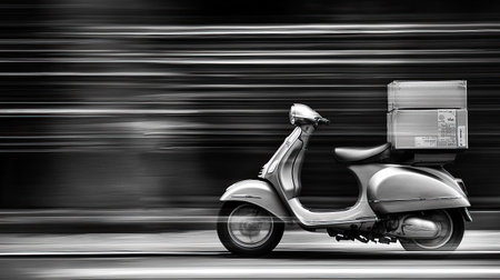 A vintage scooter captured in motion, featuring a delivery box, adds a dynamic urban feel to any setting. Perfect for themes of transportation and speed.の素材