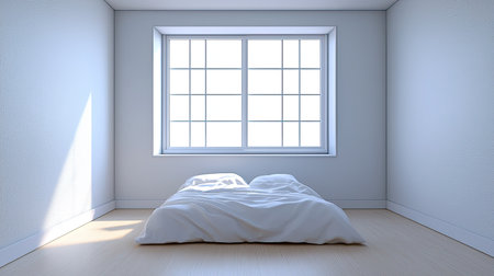 This image showcases a minimalist bedroom interior filled with natural light. It features a simple bed with white bedding, creating a serene and inviting atmosphere.の素材