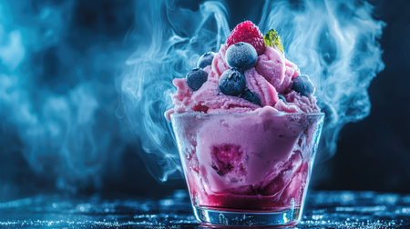 A mesmerizing bowl of pink ice cream topped with fresh berries and highlighted by swirling mist, perfect for summer treats and dessert photography.の素材