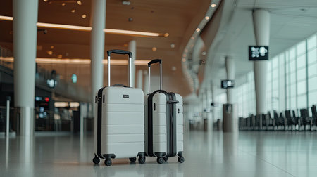 Contemporary white luggage rests on the sleek floor of a spacious airport terminal, highlighting travel convenience and modern design in a serene environment.の素材