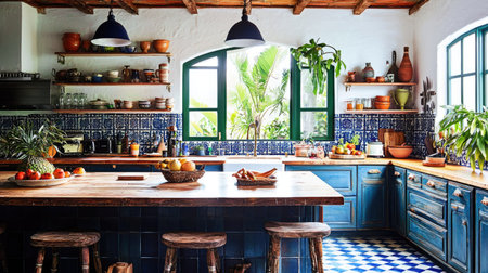 A cozy rustic kitchen featuring blue cabinets, vibrant decor, and abundant natural light. Perfect for inspiring home culinary creativity and inviting gatherings.の素材