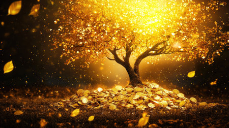 This enchanting image features a golden tree surrounded by shimmering coins and vibrant leaves, creating a magical atmosphere that symbolizes wealth and prosperity.の素材
