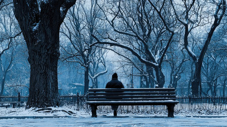 A solitary figure in a hooded jacket sits on a snow-covered bench in a tranquil winter park. Surrounding trees are blanketed in white, creating a serene atmosphere.の素材