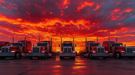 Captivating scene of red trucks parked in a row against a stunning sunset backdrop. The vibrant sky enhances the dramatic reflections on the asphalt.の素材