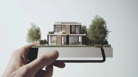 A hand holds a smartphone displaying a detailed miniature model of a modern house. This image combines architecture, technology, and design, ideal for real estate marketing.の素材