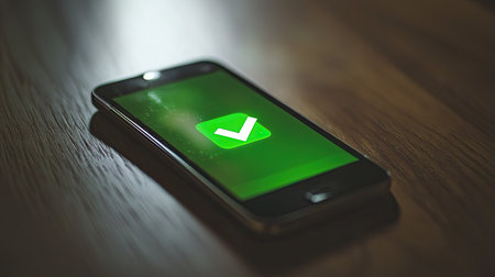 A smartphone rests on a wooden table, displaying a vivid green check mark on its screen. This image symbolizes confirmation, approval, and digital communication.の素材