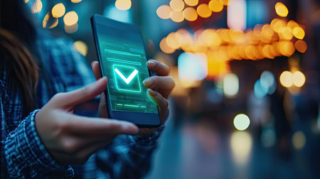 A close-up view of a modern smartphone with a glowing email notification illuminated in a vibrant city at night, showcasing technology in urban life.の素材