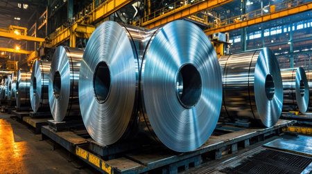 A vibrant image showcasing steel coils stored in a warehouse. Bright industrial background features machinery, emphasizing manufacturing and metal processing.の素材