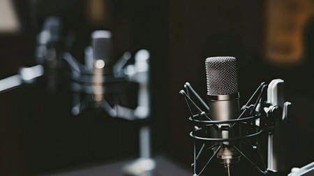 A close-up view of professional microphones in a modern sound studio, showcasing high-quality audio equipment designed for optimal recording and clarity.の素材