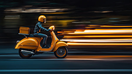 A vibrant scene featuring a yellow scooter rider racing through a city street at night. The motion blurs the background, conveying speed and excitement.の素材