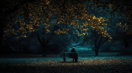 A serene scene of a solitary figure sitting on a park bench surrounded by vibrant autumn leaves, capturing a moment of tranquility and reflection in nature.の素材