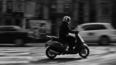 Captured in black and white, this dynamic image showcases a scooter rider racing through a bustling city, emphasizing speed and motion against an urban backdrop.の素材