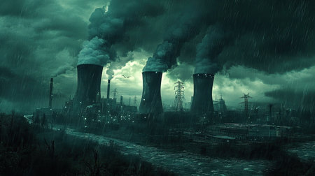 A striking industrial landscape featuring towering power plant smokestacks emitting dark smoke under a stormy, overcast sky. The scene reflects pollution and environmental challenges.の素材