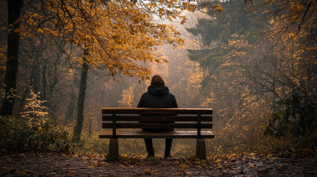 A serene scene of a person sitting on a bench in an autumn forest. Lush foliage and mist create a tranquil atmosphere, inviting reflection and peace.の素材