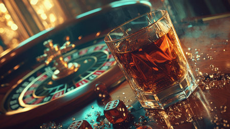 A captivating scene featuring a glass of rich whiskey beside a roulette table, complemented by dice and chips. This image captures the essence of luxury gaming and the thrill of chance.の素材