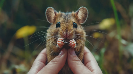 A charming close-up of a tiny brown mouse held gently in hands. This image captures the innocence and beauty of wildlife, evoking feelings of tenderness and connection.の素材