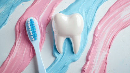 Bright dental care concept featuring a tooth model and toothbrush on a colorful backdrop. Ideal for promoting oral hygiene and health awareness.の素材