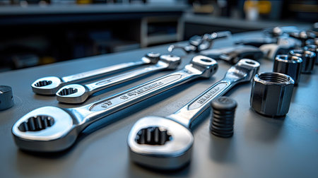 A closeup image featuring a collection of chrome wrenches, nuts, and other tools arranged neatly on a workshop table. The shiny metal reflects light and showcases precision.の素材