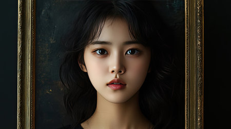 A captivating portrait showcasing a young woman framed elegantly against a dark background, highlighting her expressive eyes and serene beauty.の素材
