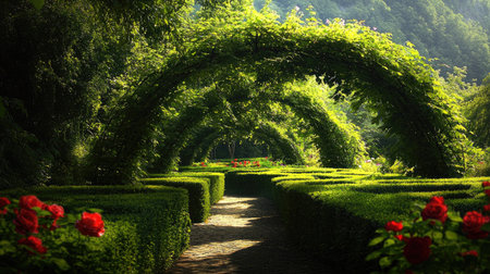 This stunning garden pathway showcases lush greenery and beautiful rose blooms beneath serene arches of vines, inviting relaxation and tranquility in nature.の素材