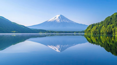 A stunning view of Mount Fuji reflecting in a tranquil lake, framed by lush greenery and clear blue skies, capturing the serene beauty of nature.の素材