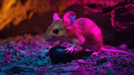 A small mouse curiously interacts with a large black object under vivid, colorful lighting. The playful scene captures the charm of wildlife in an artistic, surreal setting.の素材