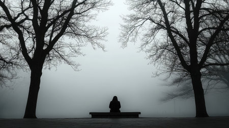 A solitary figure sits on a bench in a foggy landscape, framed by bare trees. The scene evokes feelings of solitude and tranquility in a mysterious, atmospheric setting.の素材