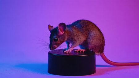 A small mouse stands confidently on a black surface, illuminated by vibrant purple lights, capturing a whimsical and playful mood in a studio setting.の素材