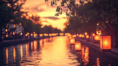 A tranquil evening scene featuring glowing lanterns along a peaceful canal at sunset. The warm colors reflect beautifully on the water's surface, creating a serene atmosphere.の素材