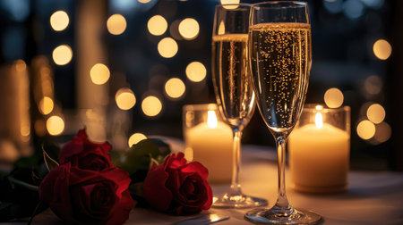 A romantic setting featuring two glasses of champagne beside vibrant roses and flickering candles, creating a dreamy atmosphere perfect for celebrations.の素材