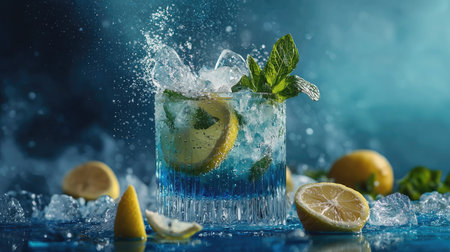 A vibrant blue cocktail featuring ice cubes, fresh mint leaves, and lemon slices, creating a refreshing splash. Perfect for summer gatherings and celebrations.の素材