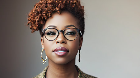 A captivating portrait of a confident woman with beautiful curly hair and stylish glasses. The soft lighting highlights her features and expresses elegance.の素材
