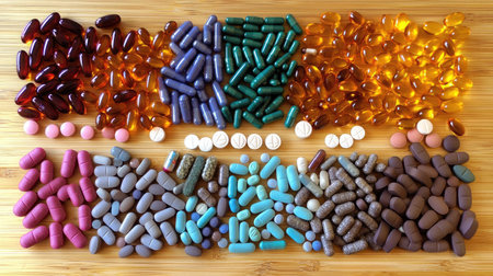 A vibrant assortment of vitamins and supplements displayed on a wooden surface, showcasing a variety of colors, shapes, and sizes ideal for health promotion.の素材