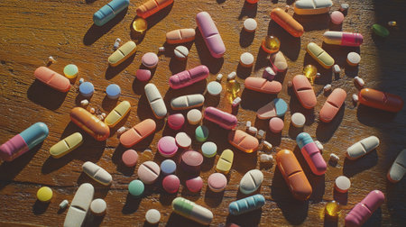 A vibrant display of various pills and capsules scattered on a wooden surface, showcasing an array of colors and shapes, emphasizing health and wellness themes.の素材