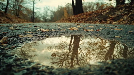 A tranquil scene captures the reflection of trees in a puddle on a quiet autumn road. Golden leaves surround the wet ground, enhancing the serene beauty of nature.の素材