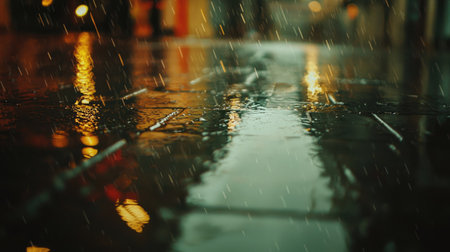 A captivating urban street scene showcasing rain-soaked pavement reflecting soft lights, creating a tranquil and moody atmosphere perfect for creative projects.の素材