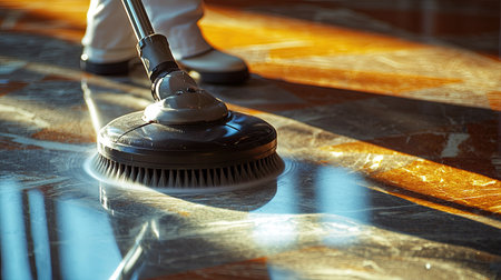 A person operates advanced cleaning equipment on a glossy floor, showcasing attention to detail and professionalism in maintaining a clean indoor environment.の素材